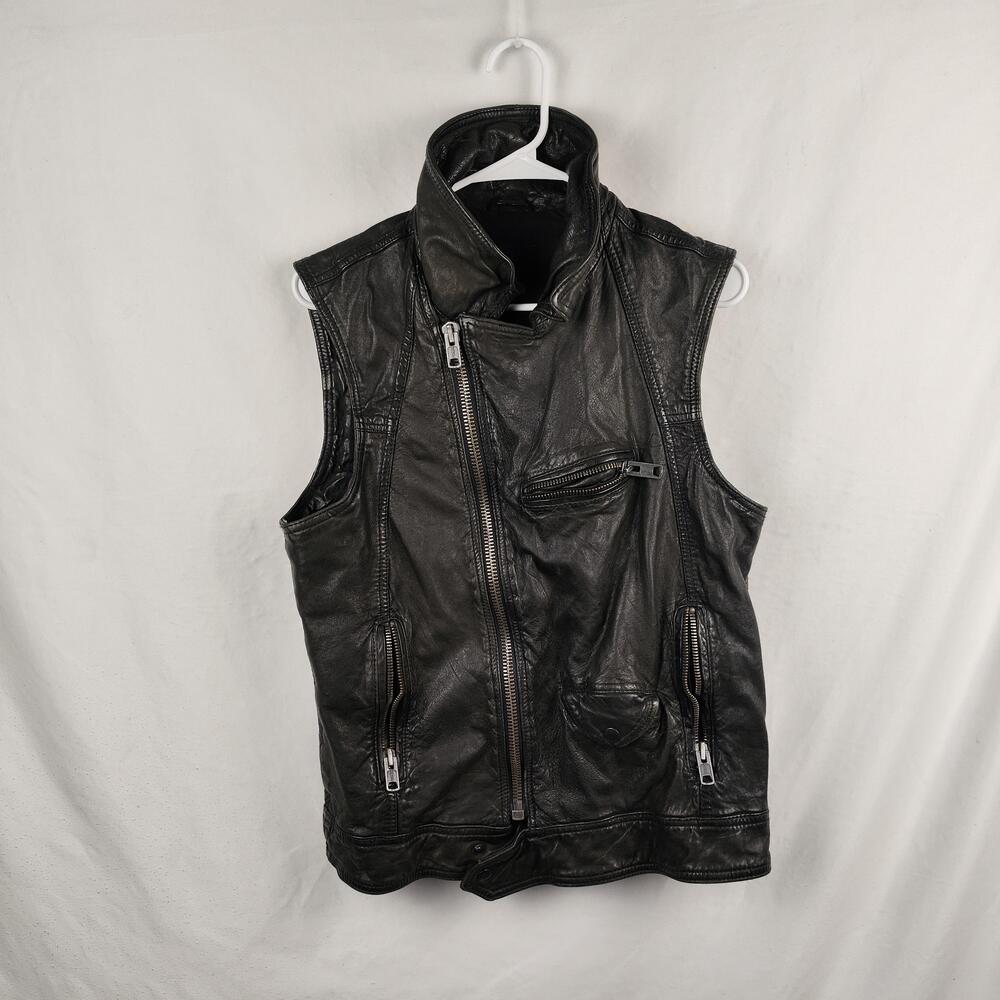 Zara Man Vest Mens Medium Black Leather Asymmetrical Zip Biker Motorcycle